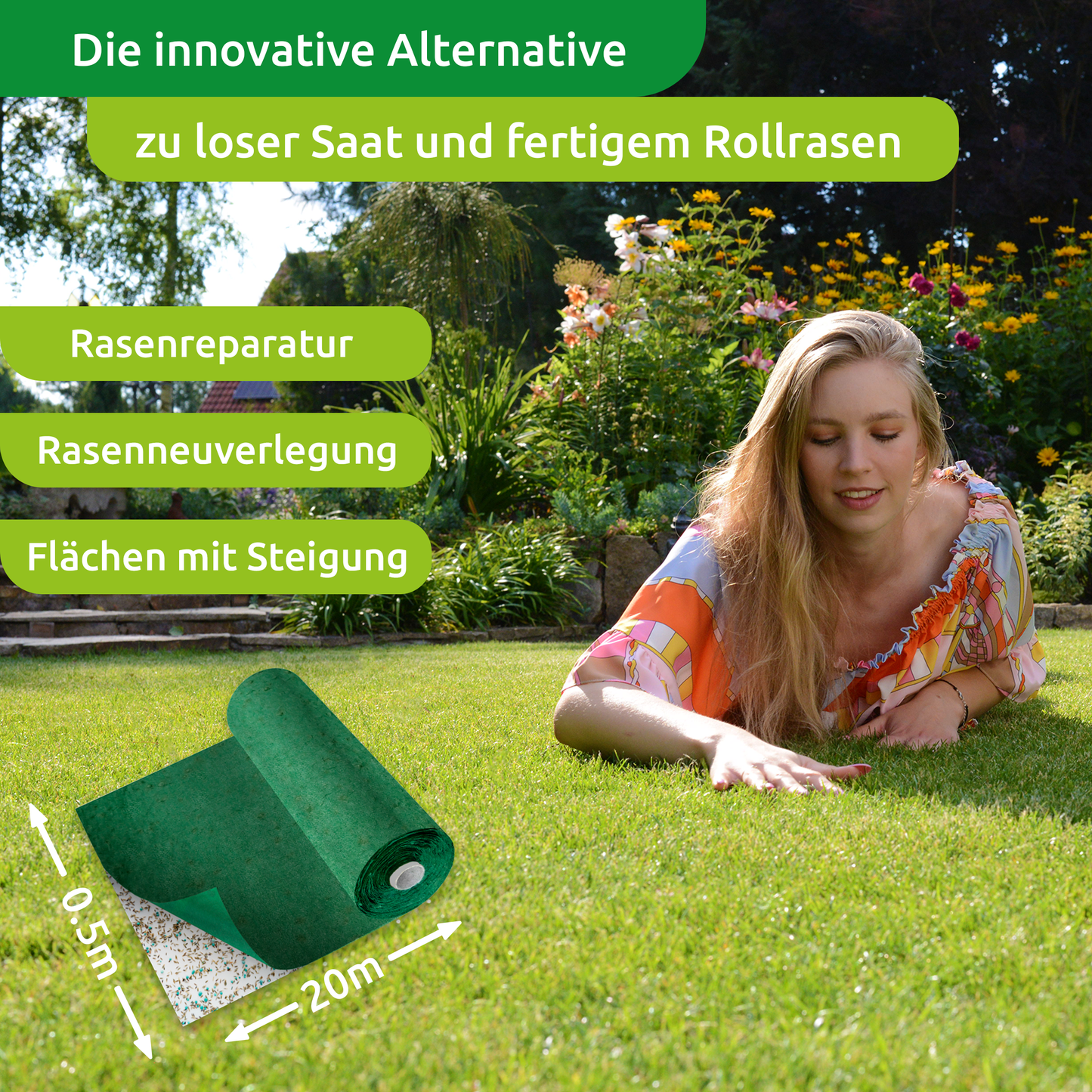 Biologisch abbaubare Rasenmatte mit integriertem Dünger und Hydronanogel