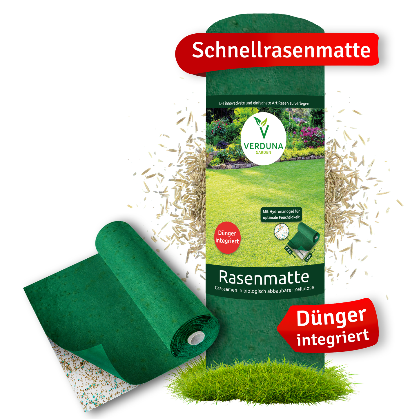 Biologisch abbaubare Rasenmatte mit integriertem Dünger und Hydronanogel